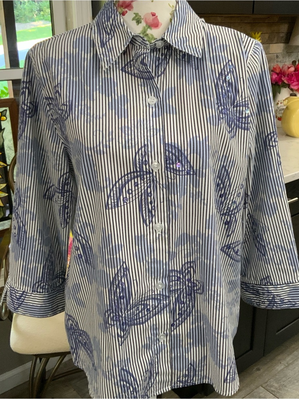 Alfred Dunner Women’s Blouse Size 12 Blue Stripe 3/4 Sleeve Butterflies Sequins